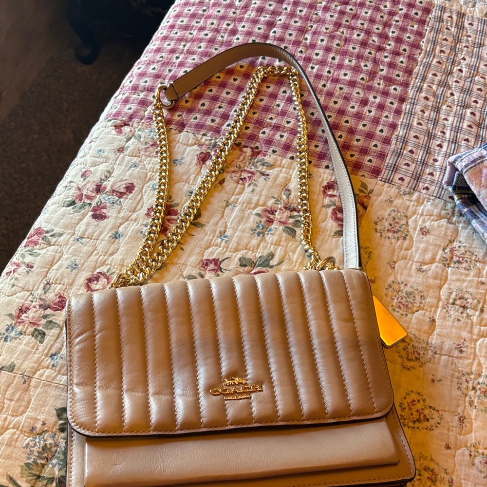 Coach Beige Quilted Shoulder Bag with Gold Chain